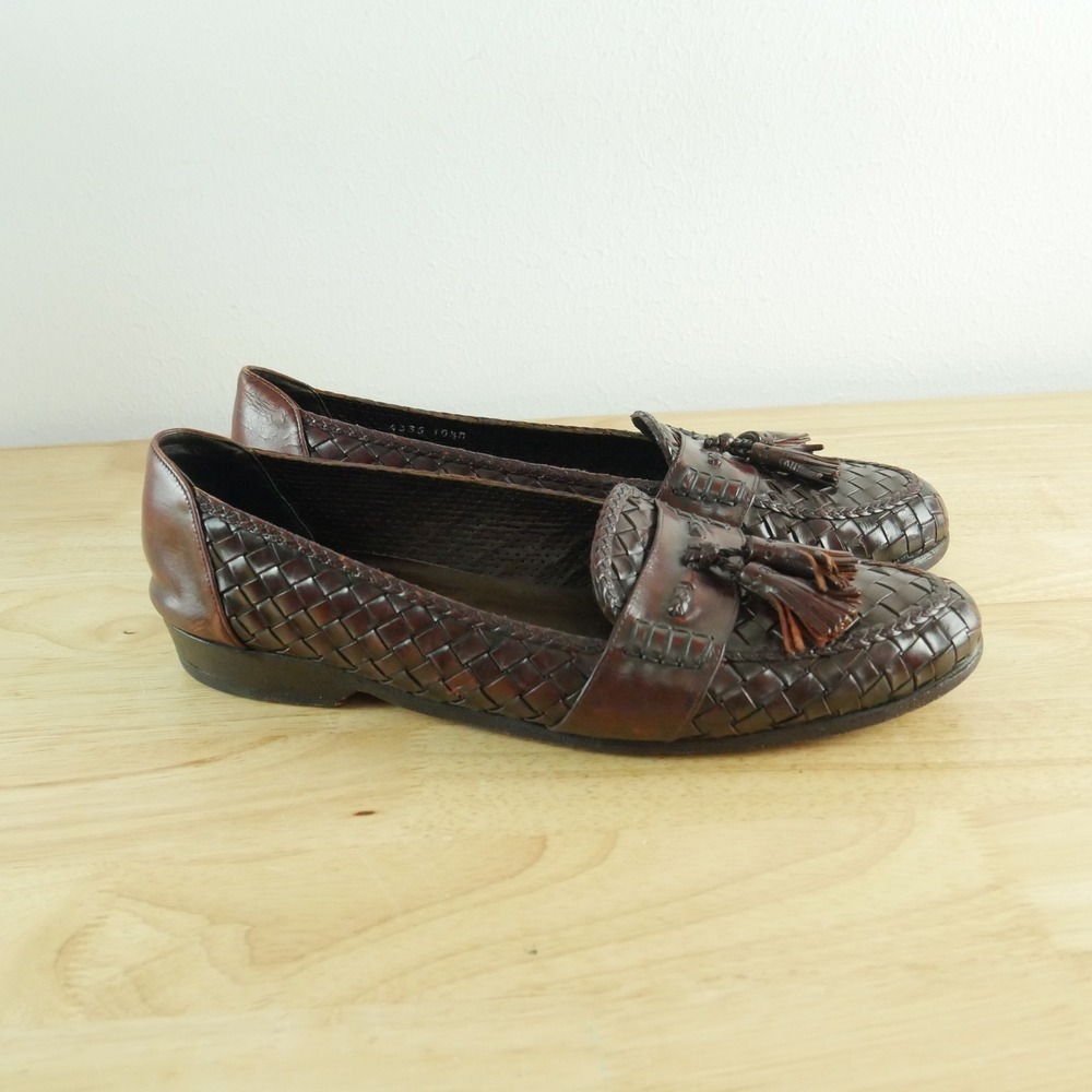Bragano by Cole Haan Woven Leather Tassel Loafers Brown 10.5 M Italy Old Money